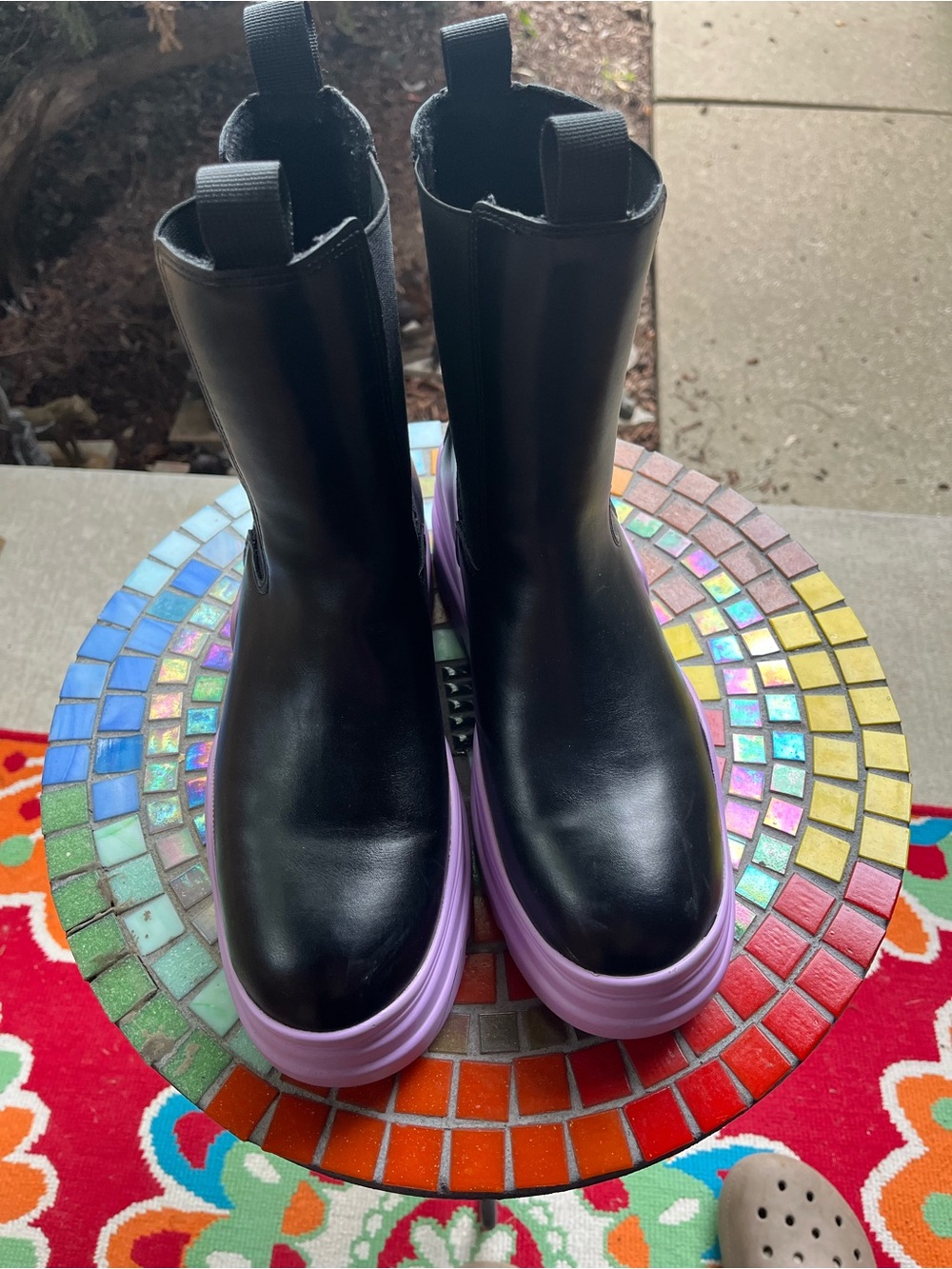 Black Pull-On Boots with Lavender Platform Sole